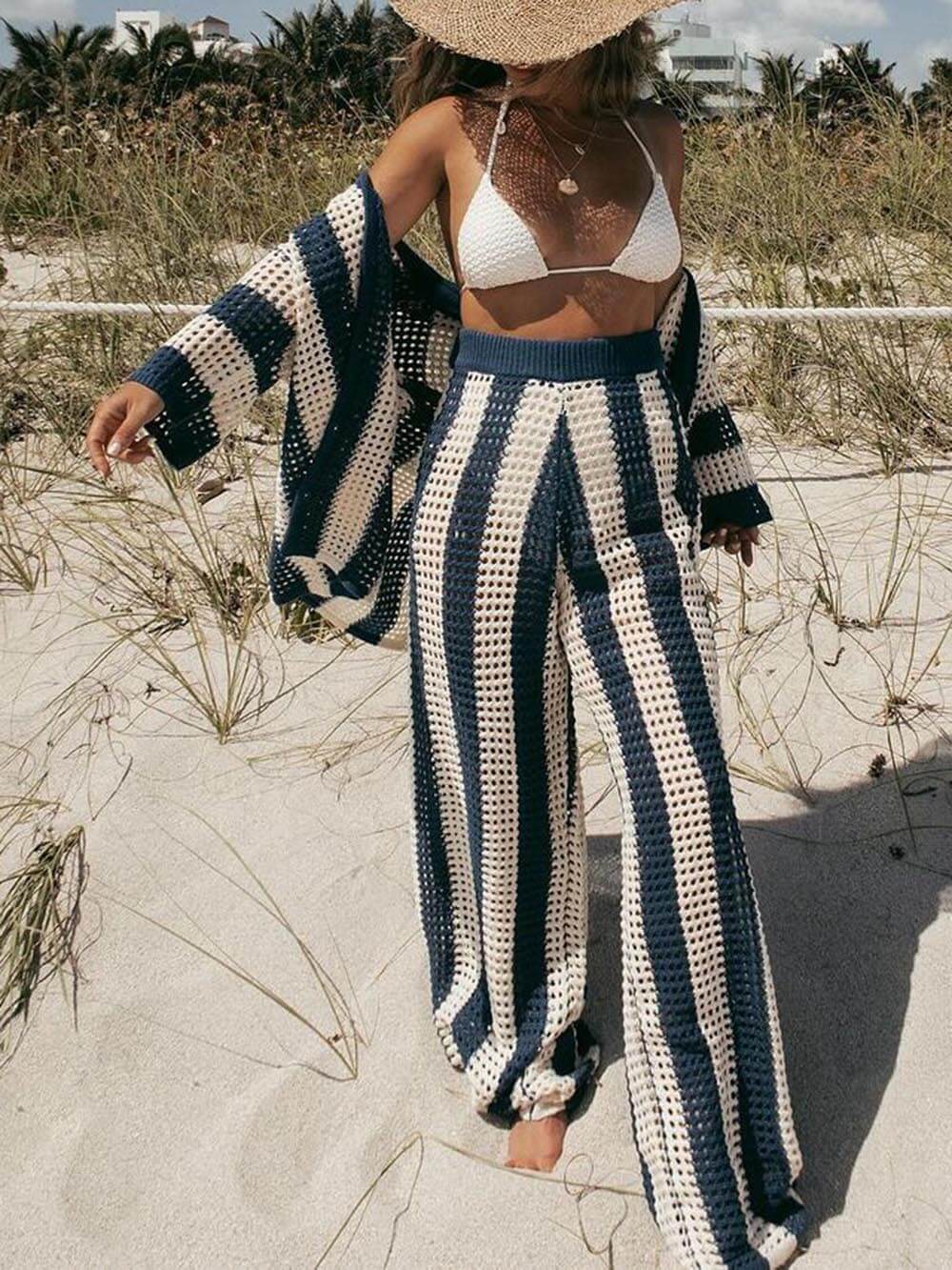 Loose V-Neck Fashion Hollow Out Striped Shirt Wide Leg Pants Set Olympus London