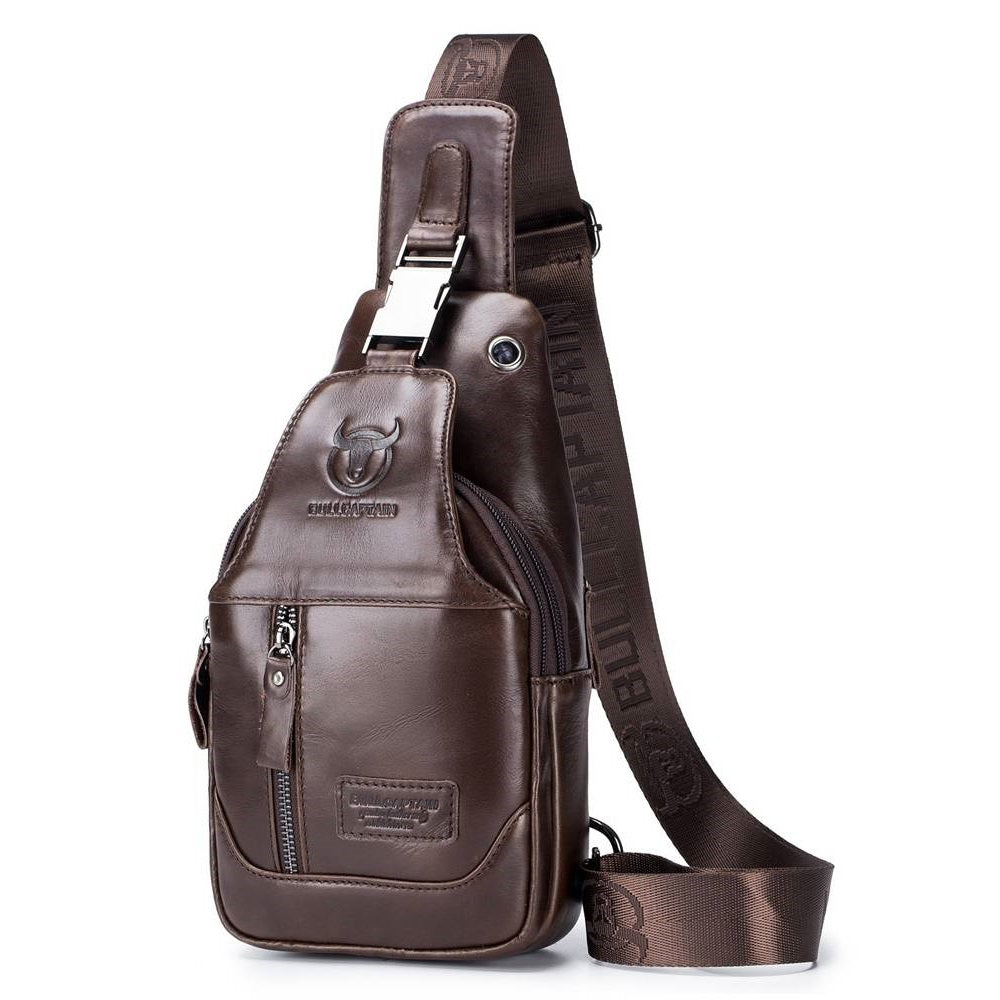 Brown leather sling bag with visible brand logo on a white background