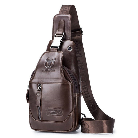 Brown leather sling bag with visible brand logo on a white background