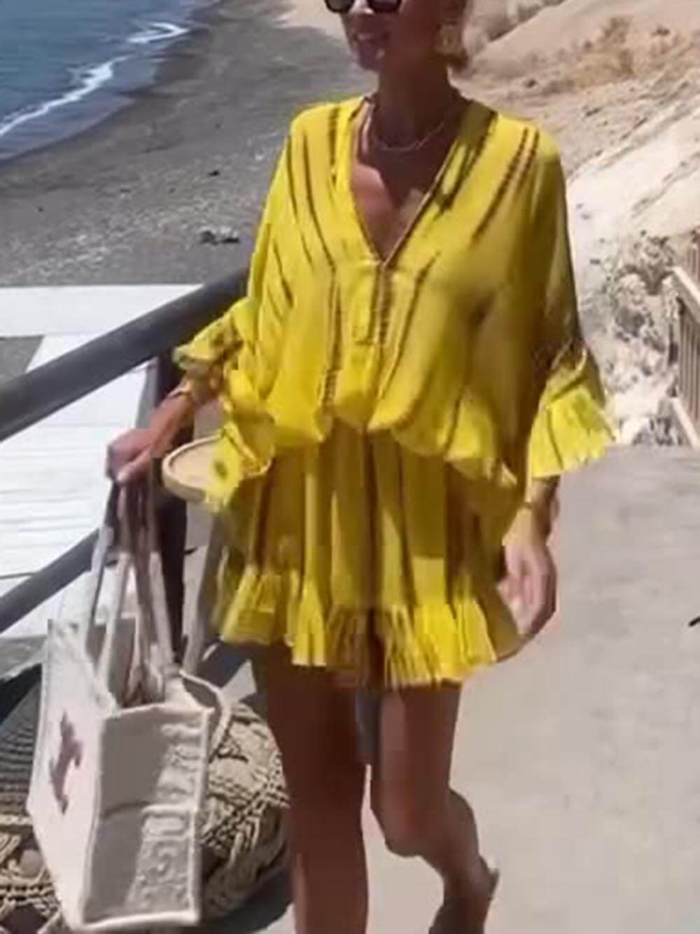Unique Tie Dye Ruffle Batwing Sleeve Elastic Waist Kaftan Mini Dress Olympus London
