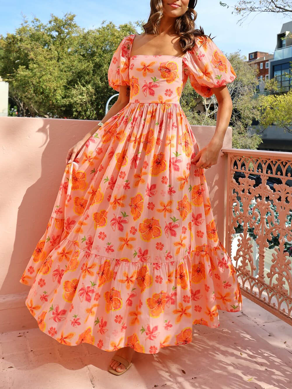 Puff Sleeve Floral Print Back Smocked Pocket Maxi Dress Olympus London