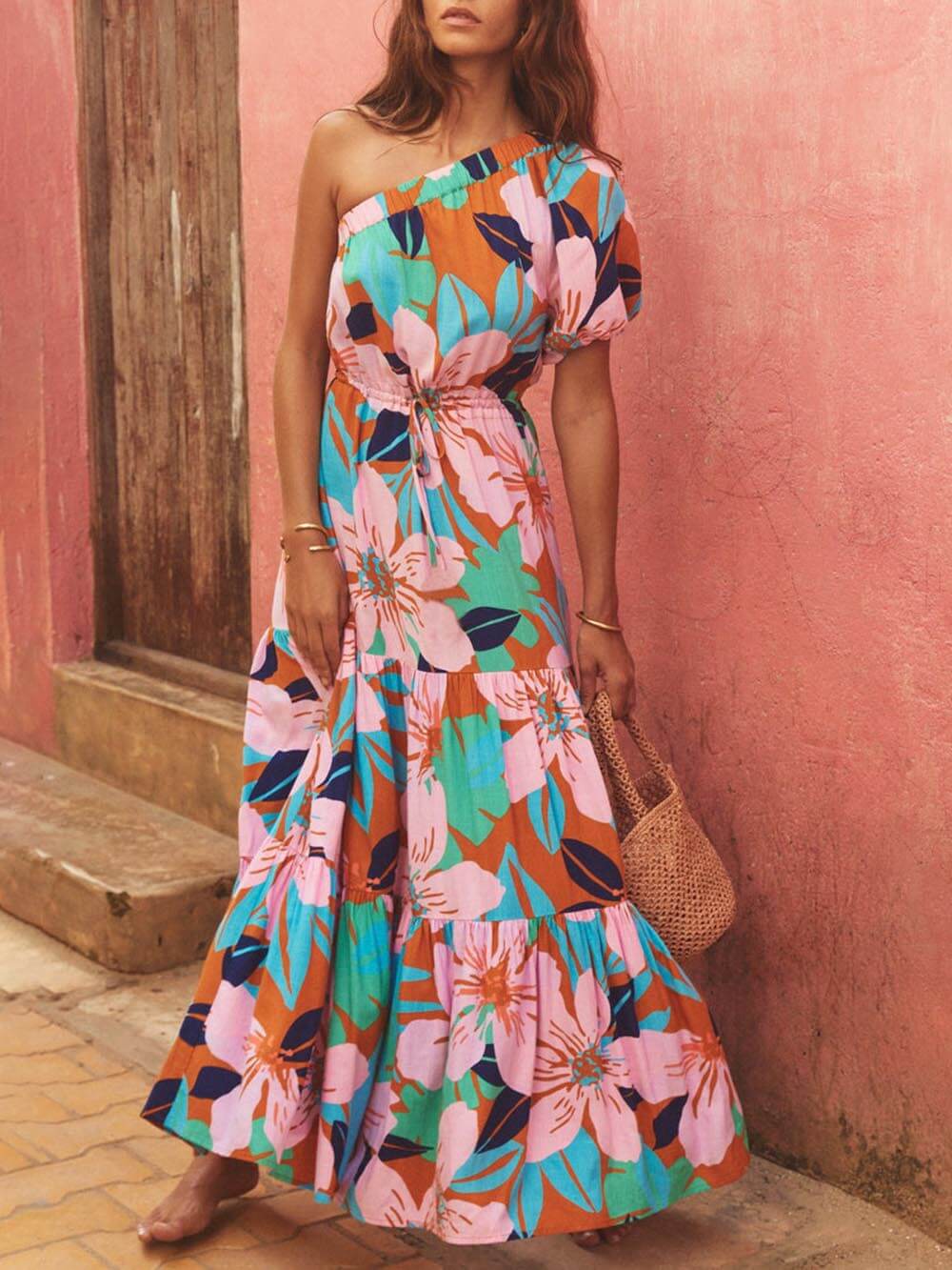 Off-Shoulder Palm Leaf Print Holiday Style Floral Dress Olympus London