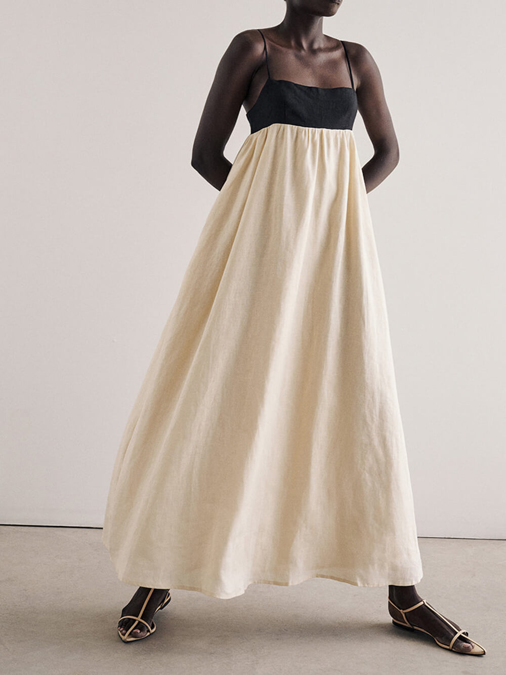Black And White Loose Suspender Patchwork Maxi Dress Olympus London