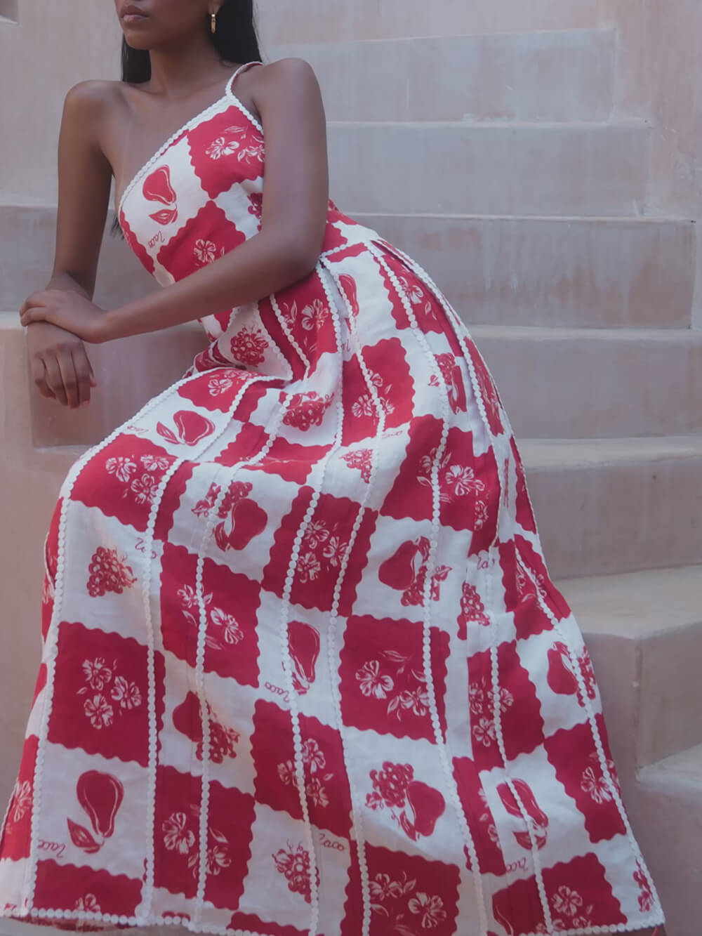 Unique Printed Floral Trim One Shoulder Flared Maxi Dress Olympus London