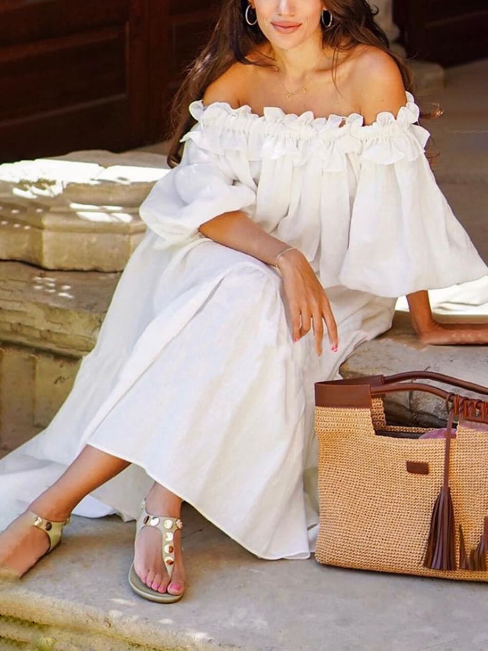 Ruffle Off Shoulder Puff Sleeve Pocketed Midi Dress Olympus London