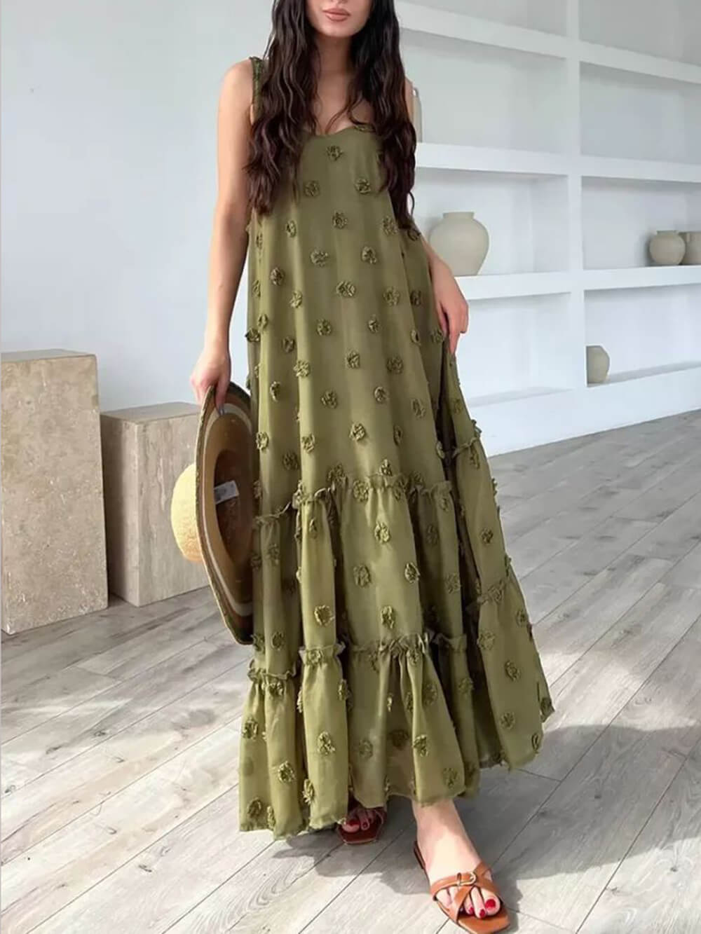 Flower Decor Pretty A-Line Layered Loose Maxi Dress Olympus London