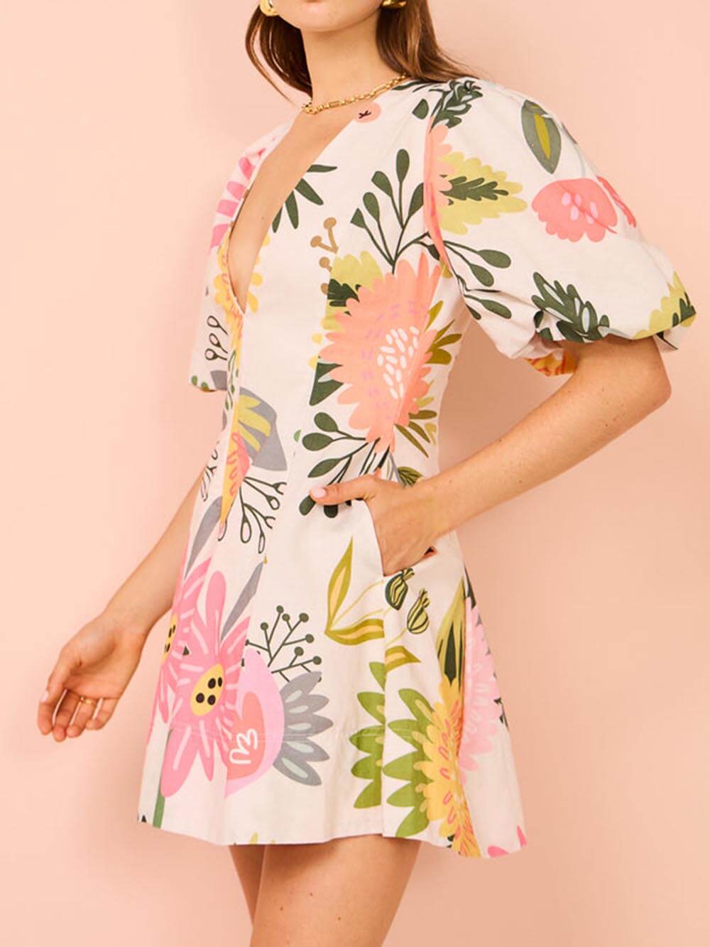 Puff Sleeve Floral Print Pocketed Mini Dress Olympus London