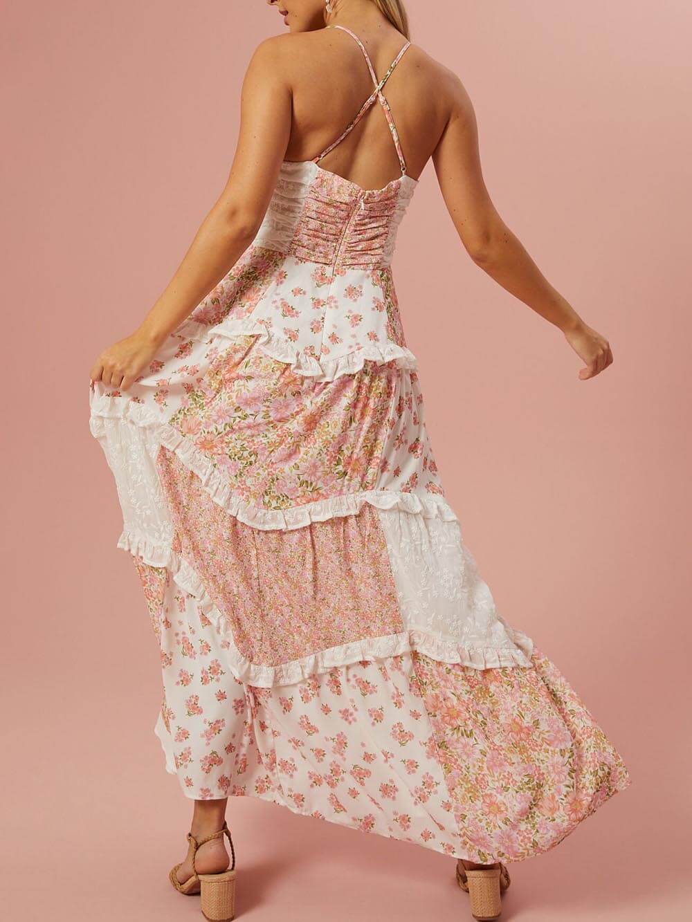 Retro Floral Print Patchwork Maxi Dress Olympus London