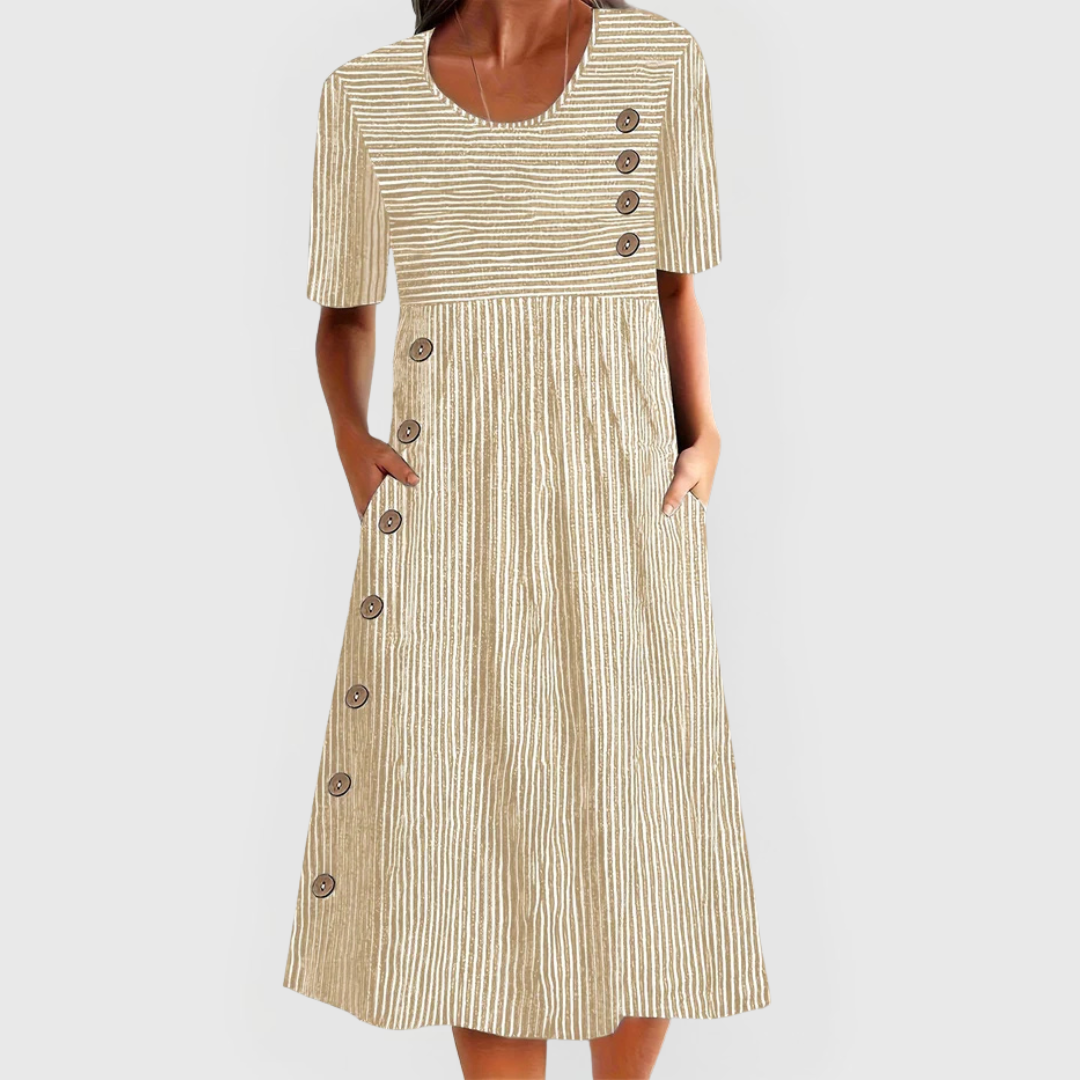 Wanda Striped Midi Dress with Three-Quarter Sleeves and Button Front