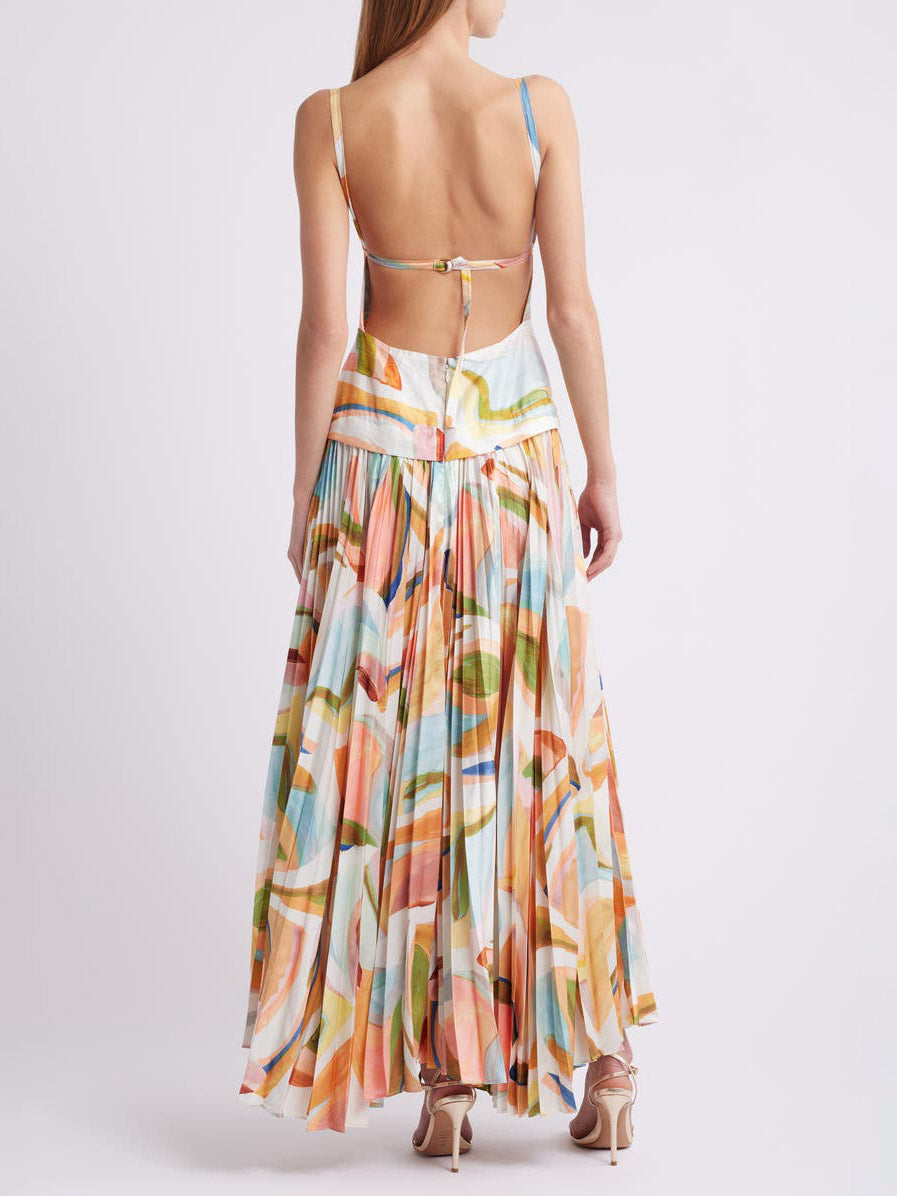 Unique Abstract Print Open Back Pleated Maxi Dress Olympus London