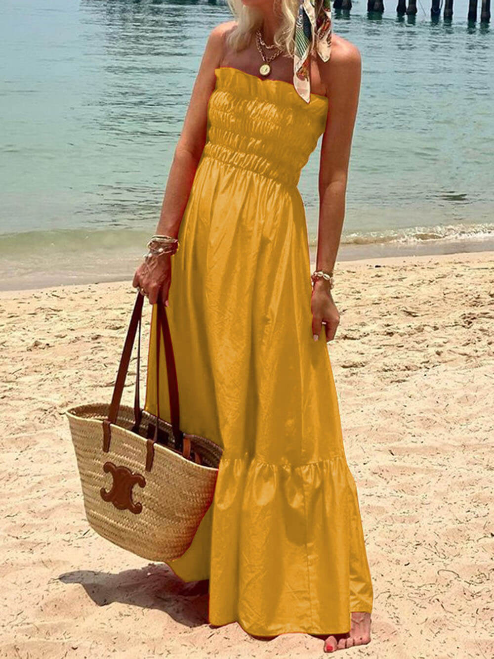 Off Shoulder Smocked Bust Vacation Maxi Dress Olympus London