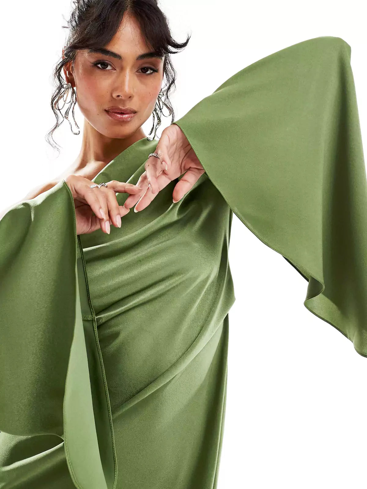 Green Asymmetrical Hem Satin Maxi Dress Olympus London