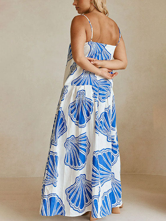 Holiday Casual Ocean Shell Print Sling Maxi Dress Olympus London