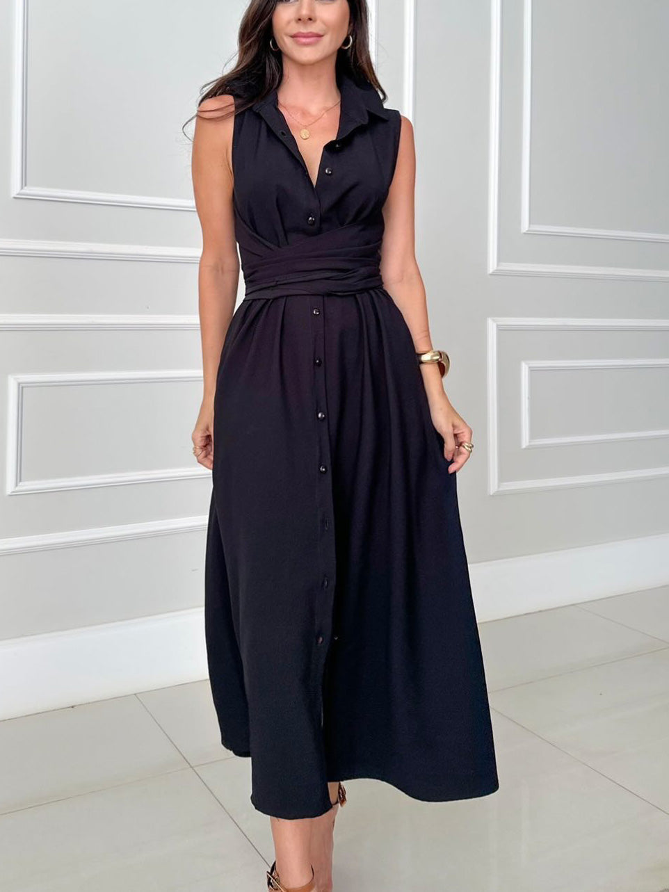 Unique Shirt Style Single-breasted Tie Midi Dress Olympus London