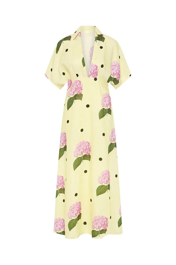 Jasmine Linen Blend Floral Polka Dot Wide Sleeve Shirt Maxi Dress Olympus London
