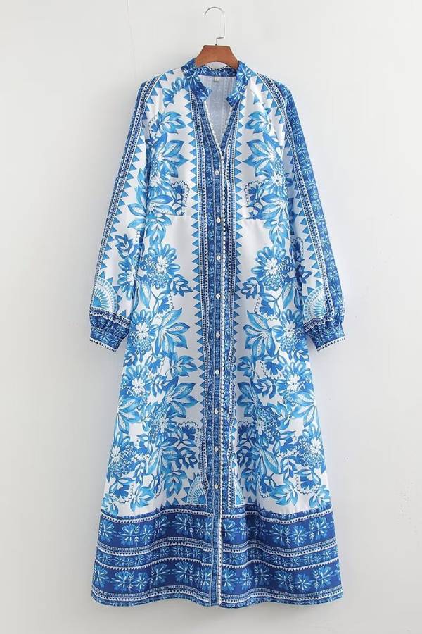 Unique Print Button Down Long Sleeve Shirt Maxi Dress Olympus London