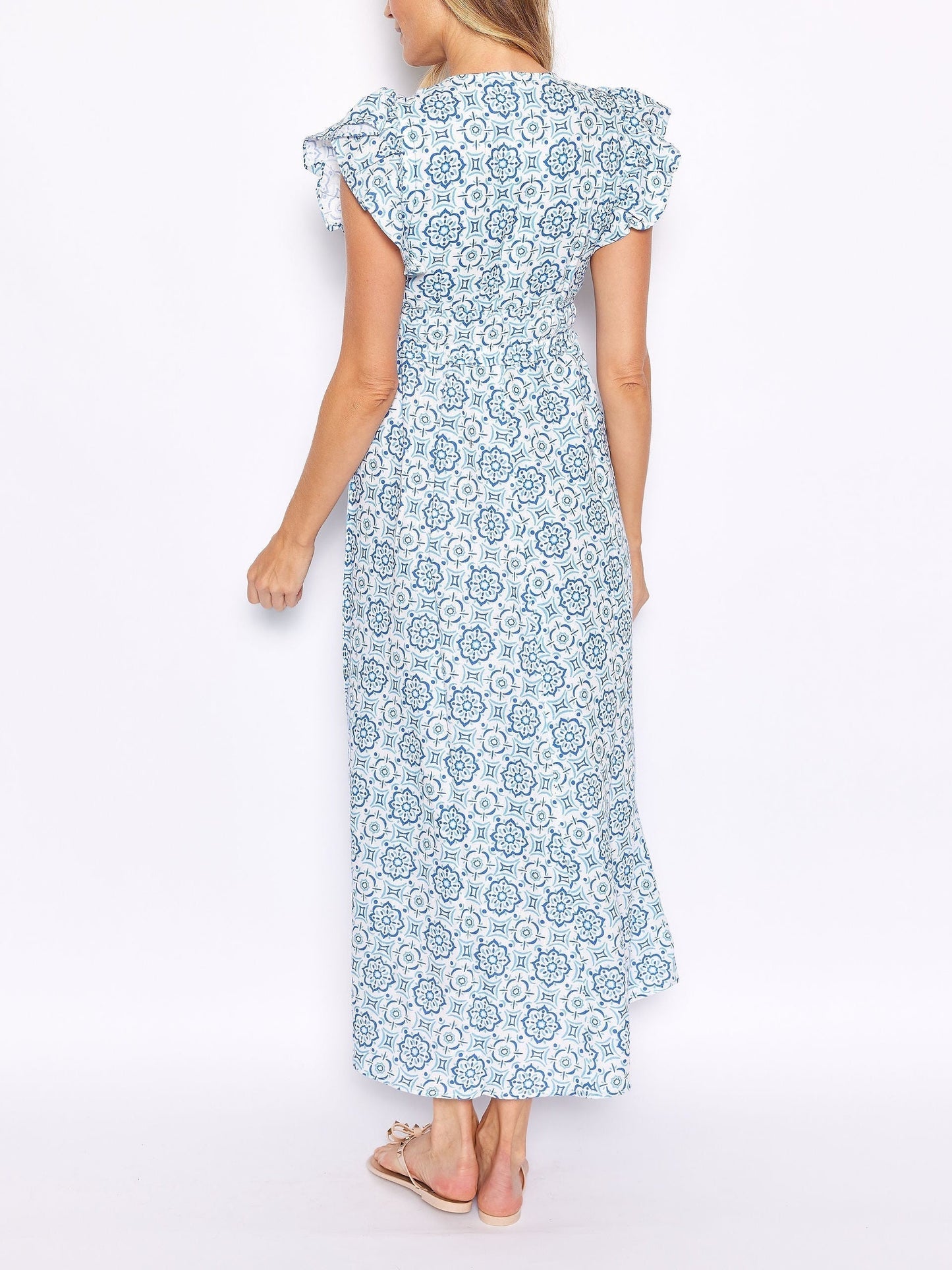 Blue Medallion V-Neck Flutter Sleeve Maxi Dress Olympus London