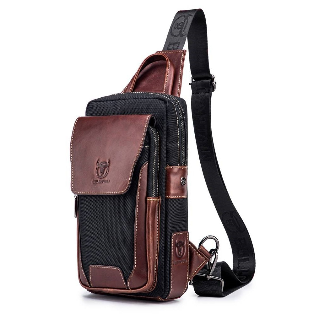 Brown and black sling bag with a visible brand logo on a white background
