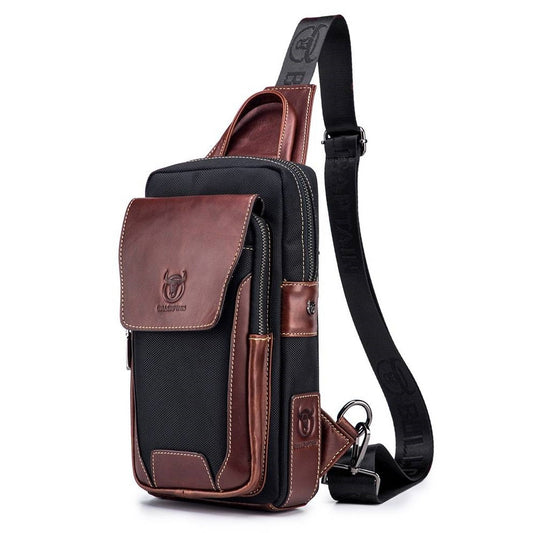 Brown and black sling bag with a visible brand logo on a white background