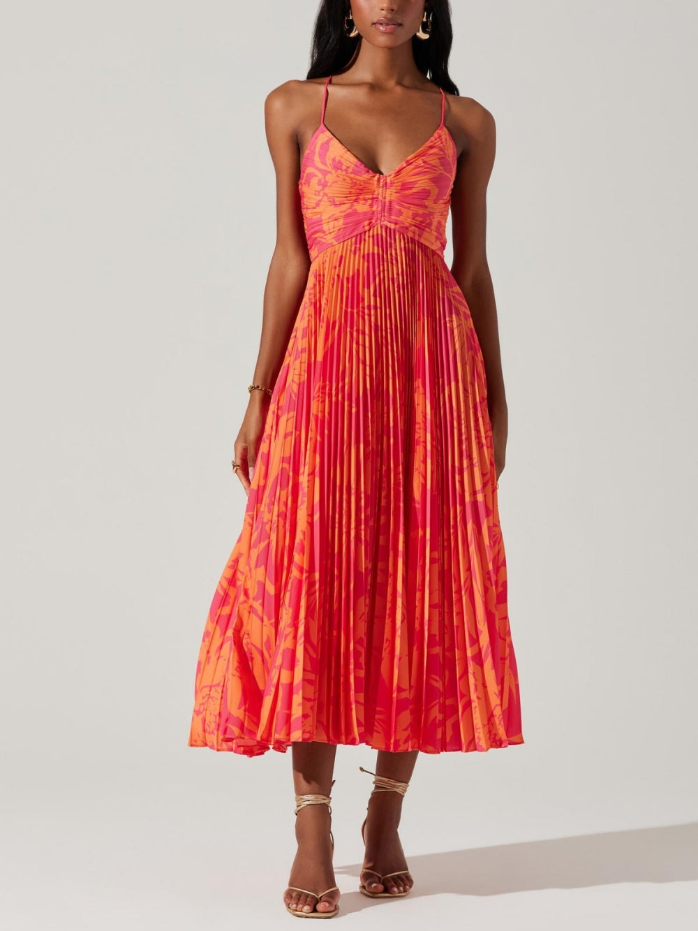 Elegant Floral Print Pleats Midi Dress Olympus London