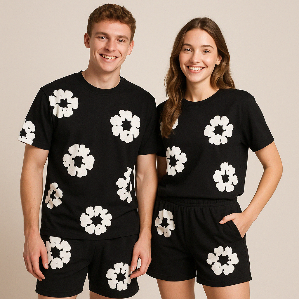 Cotton Wreath T-Shirt & Shorts Set - Black Floral Print, Unisex