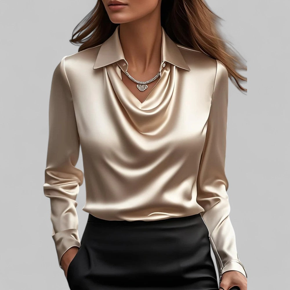 Freddie | Women’s Cream Silk Blouse with Draped Neckline for Office and Evening Wear 9