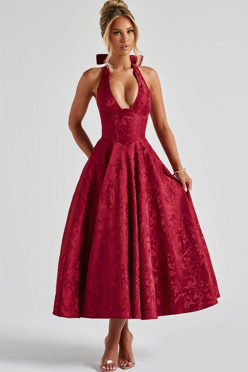 Genevieve™ | V-Neck Halterneck Sleeveless Jacquard Maxi Dress 10