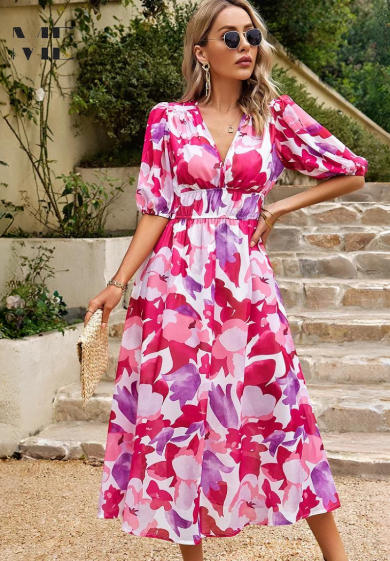 Makayla | Women's Floral V Neck Midi Wedding Guest Dress 7