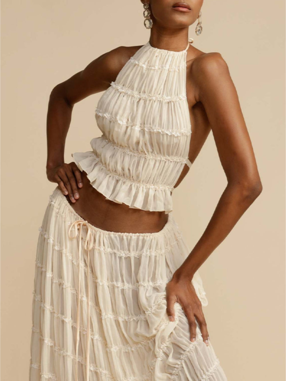 Pleated Drawstring Charm Waist Tiered Maxi Skirt Olympus London