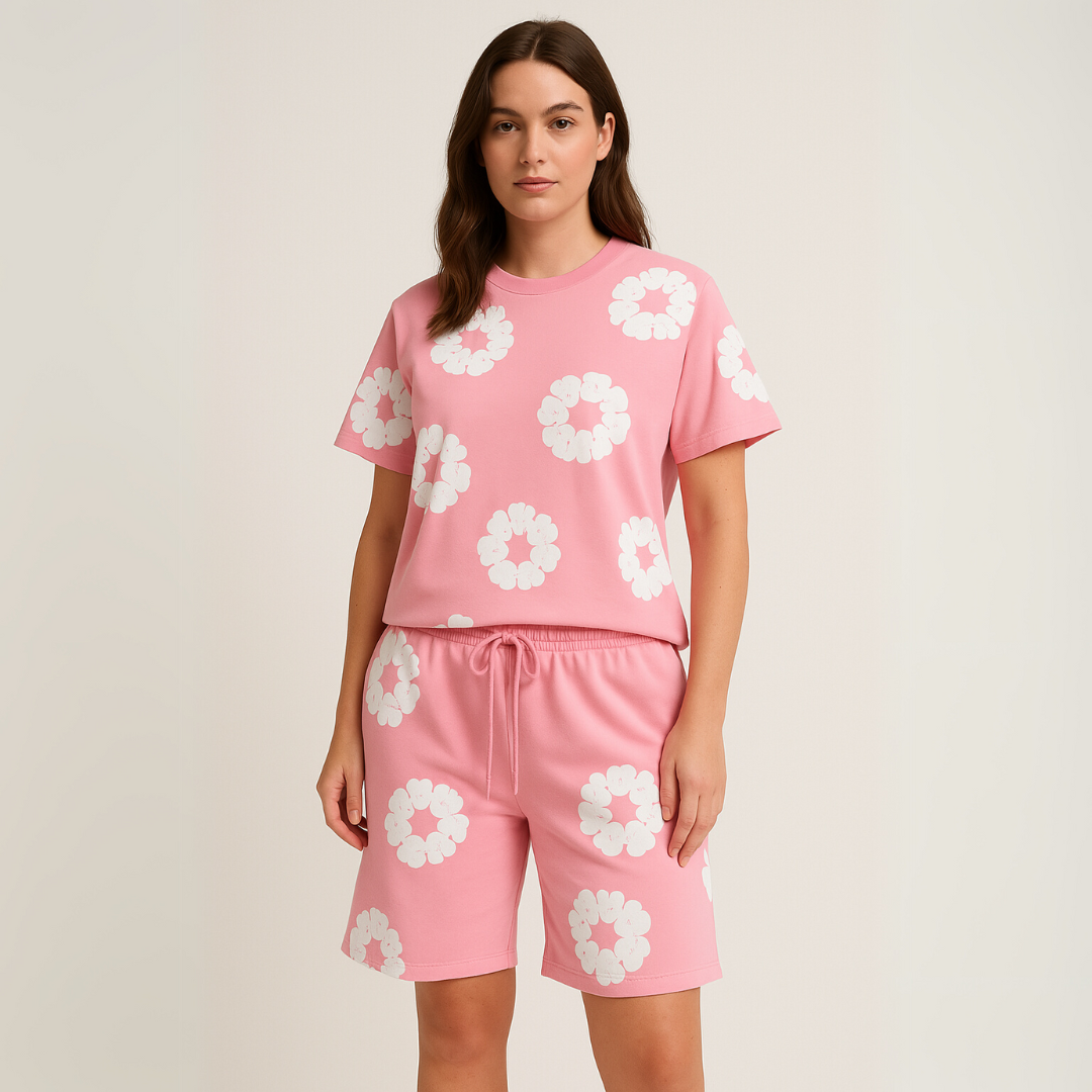 Unisex floral Cotton Wreath T-Shirt & Shorts Set – Effortless Style & Comfort