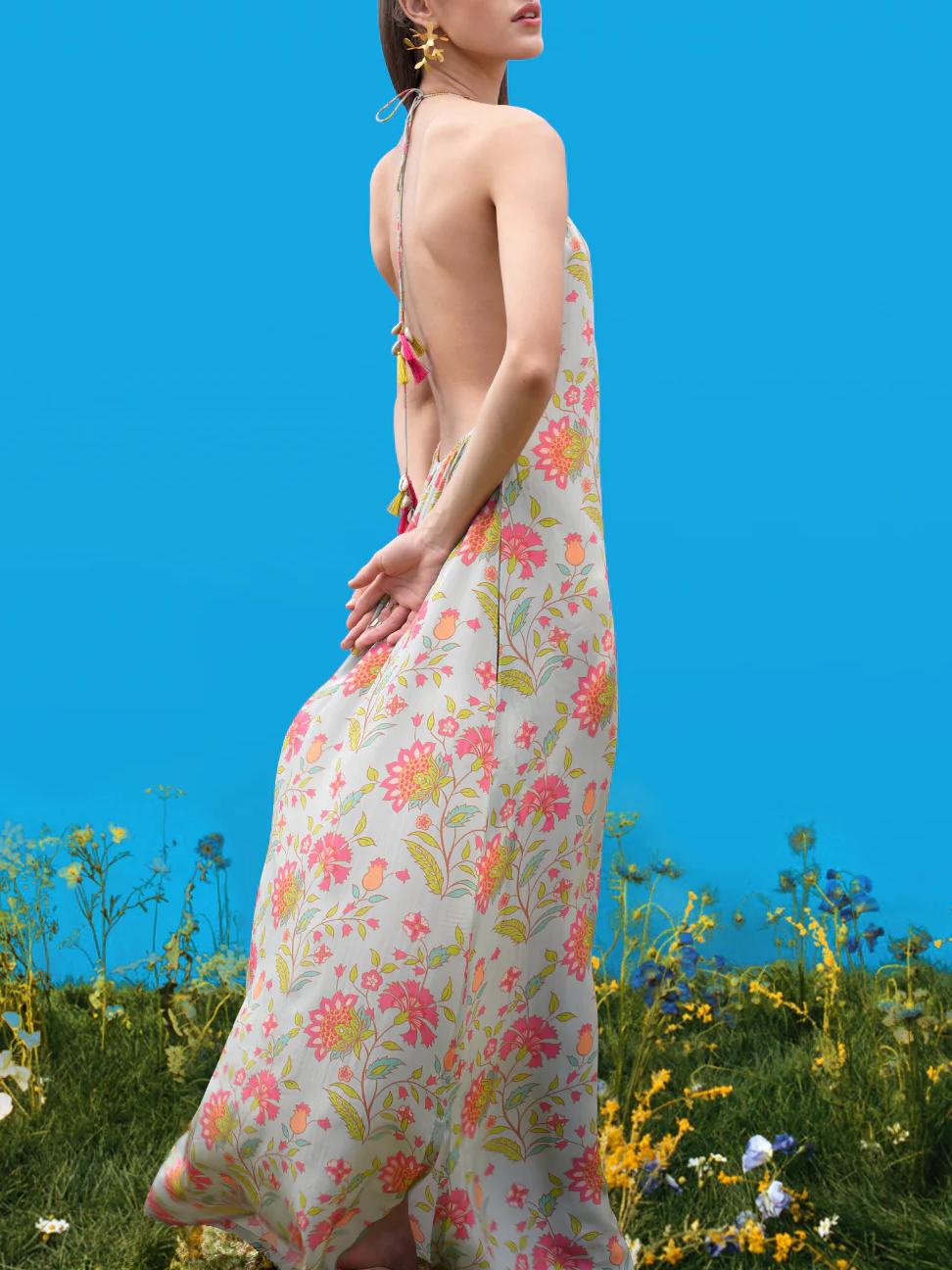 Halter-Back Hand-Drawn Prints Maxi Dress Olympus London