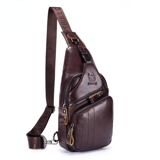 Brown leather sling bag with visible brand logo on a white background
