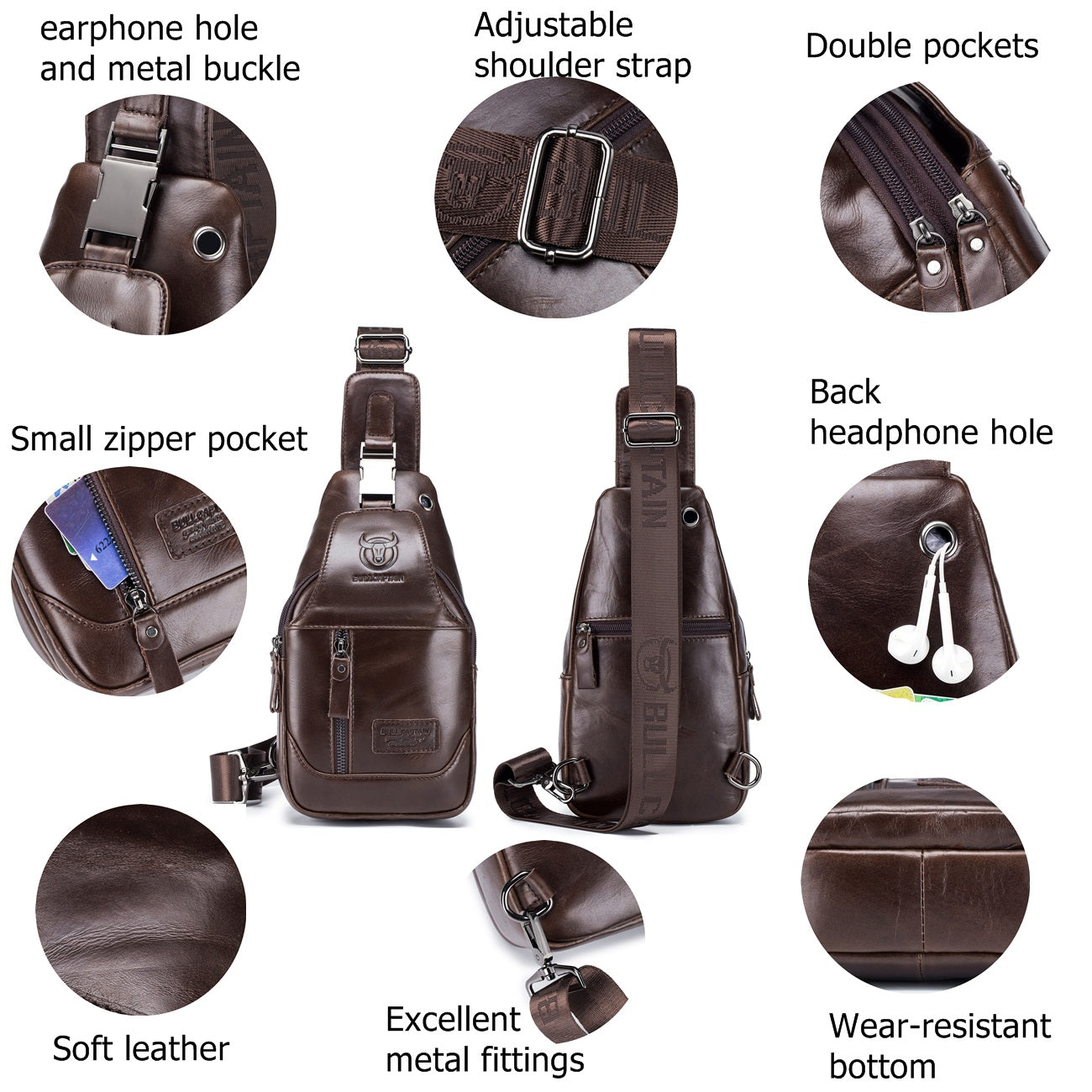 Leather Men Sling Crossbody Chest Bag  Travel Shoulder Backpack