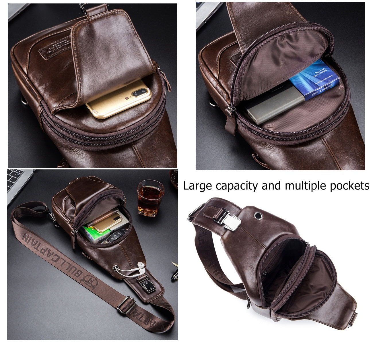 Leather Men Sling Crossbody Chest Bag  Travel Shoulder Backpack