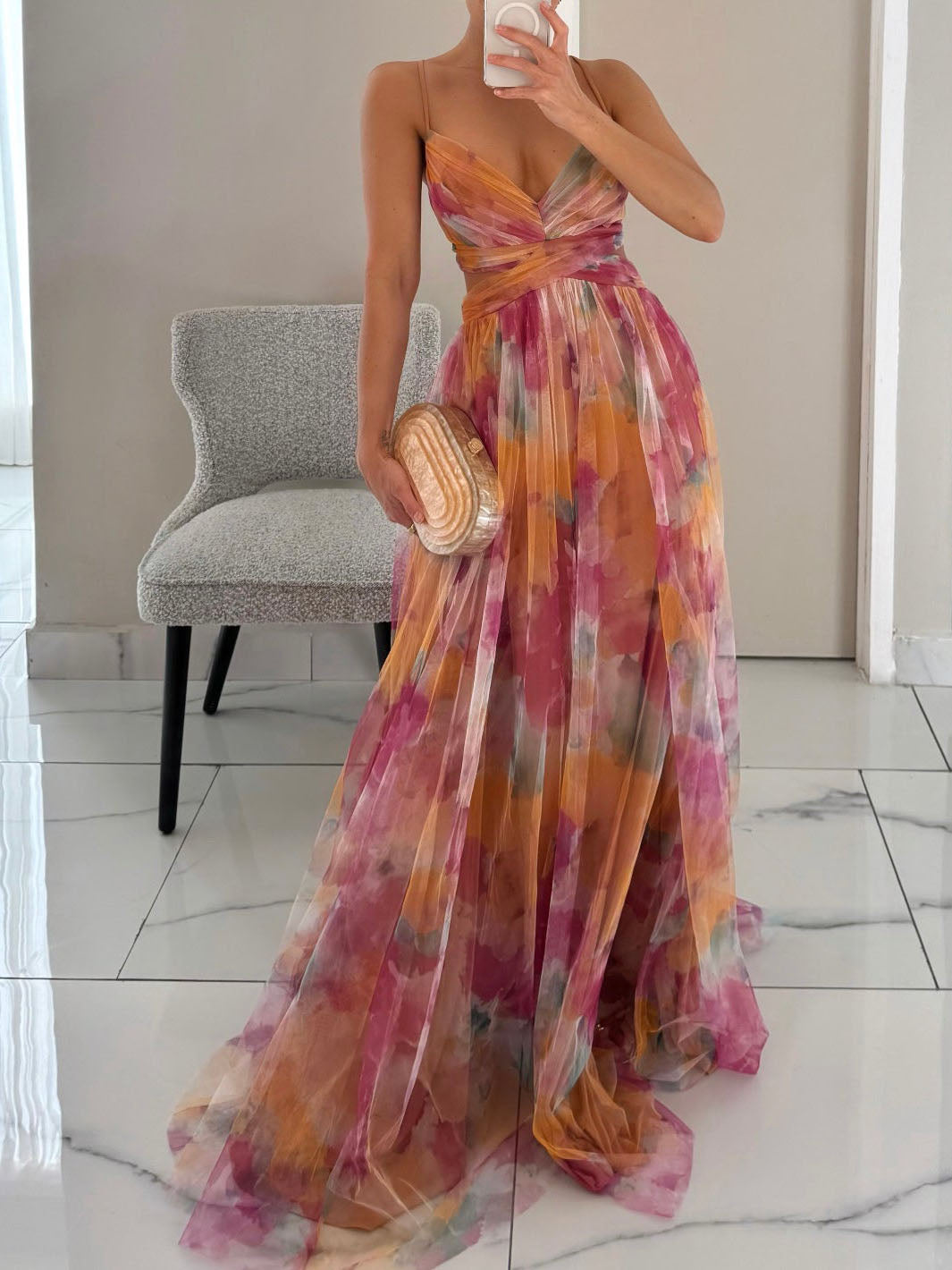 Elegant Painted Floral Print V-Neck A-Line Maxi Dress Olympus London