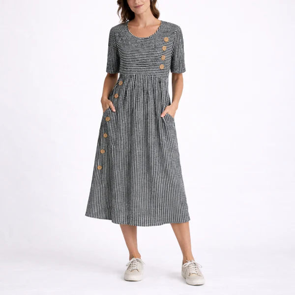 Wanda Striped Midi Dress with Three-Quarter Sleeves and Button Front