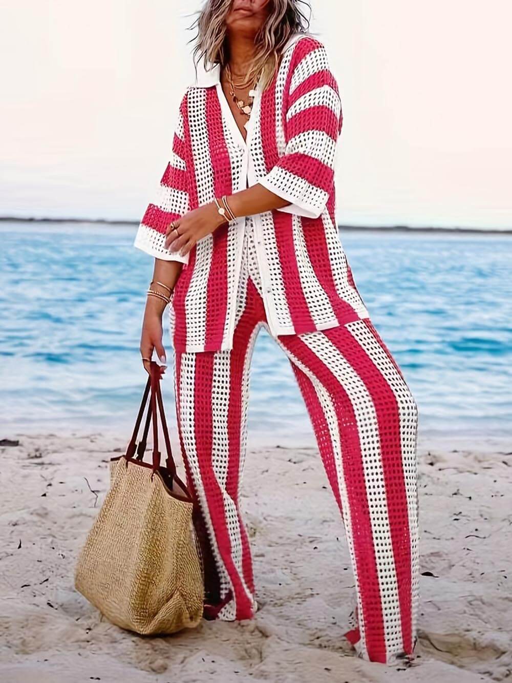 Loose V-Neck Fashion Hollow Out Striped Shirt Wide Leg Pants Set Olympus London