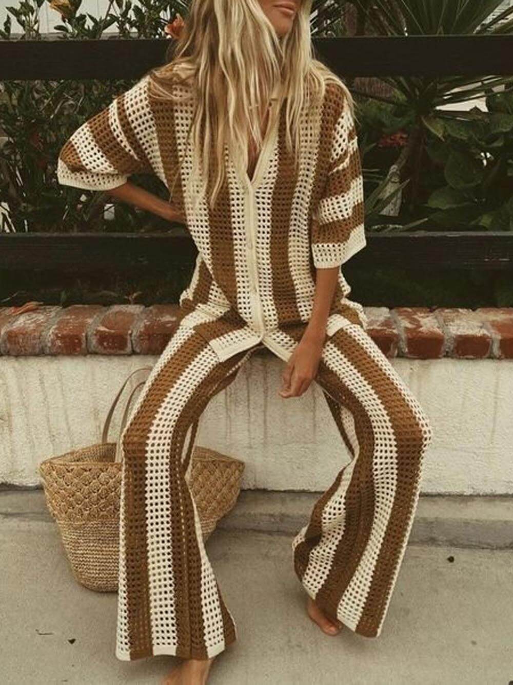 Loose V-Neck Fashion Hollow Out Striped Shirt Wide Leg Pants Set Olympus London