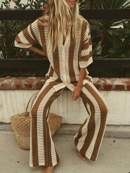 Loose V-Neck Fashion Hollow Out Striped Shirt Wide Leg Pants Set Olympus London