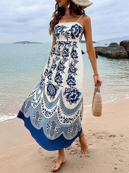 Ethnic Floral Print Back Smocked Loose Midi Dress Olympus London