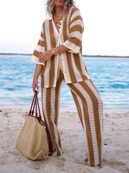 Loose V-Neck Fashion Hollow Out Striped Shirt Wide Leg Pants Set Olympus London