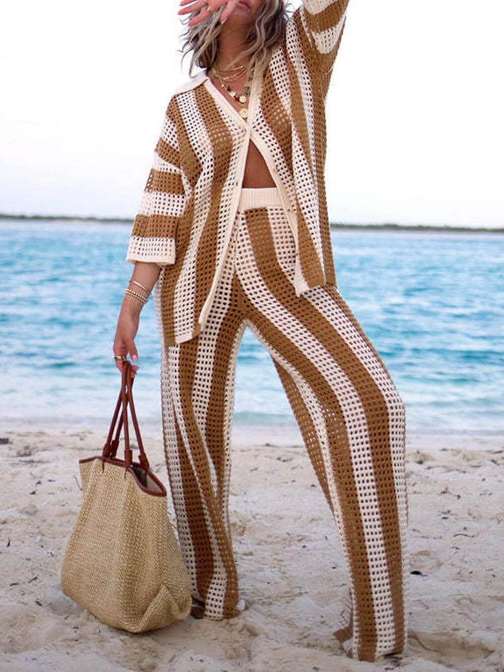 Loose V-Neck Fashion Hollow Out Striped Shirt Wide Leg Pants Set Olympus London