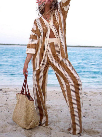 Loose V-Neck Fashion Hollow Out Striped Shirt Wide Leg Pants Set Olympus London