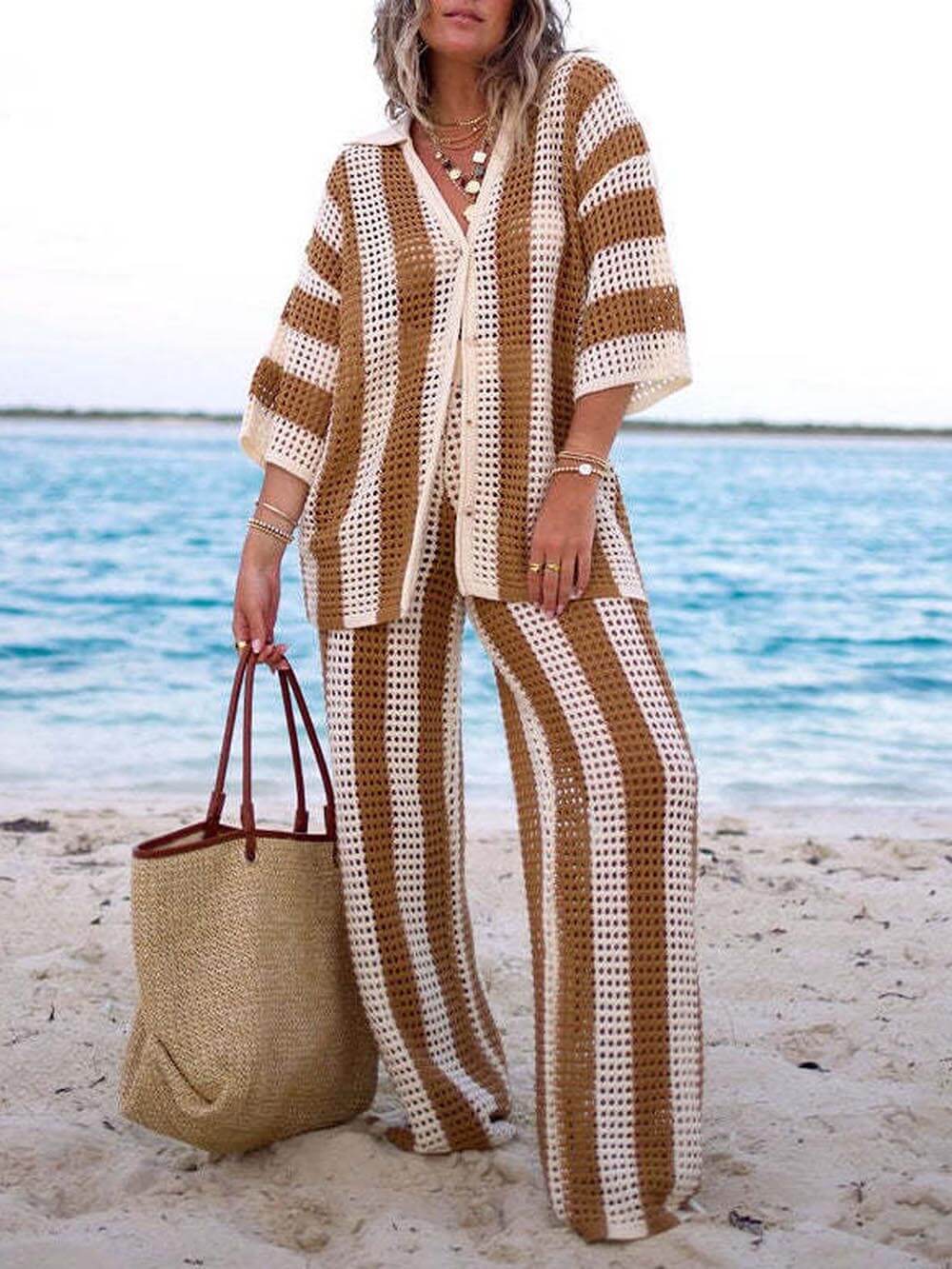 Loose V-Neck Fashion Hollow Out Striped Shirt Wide Leg Pants Set Olympus London