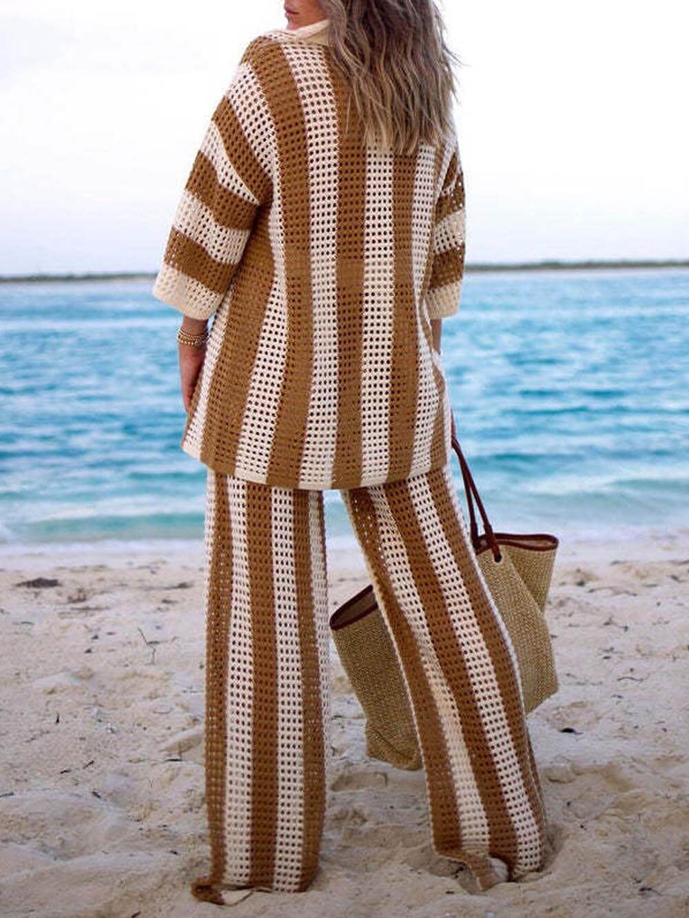 Loose V-Neck Fashion Hollow Out Striped Shirt Wide Leg Pants Set Olympus London