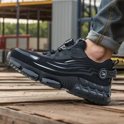 Black sneaker with brand logo worn by a person on wooden planks