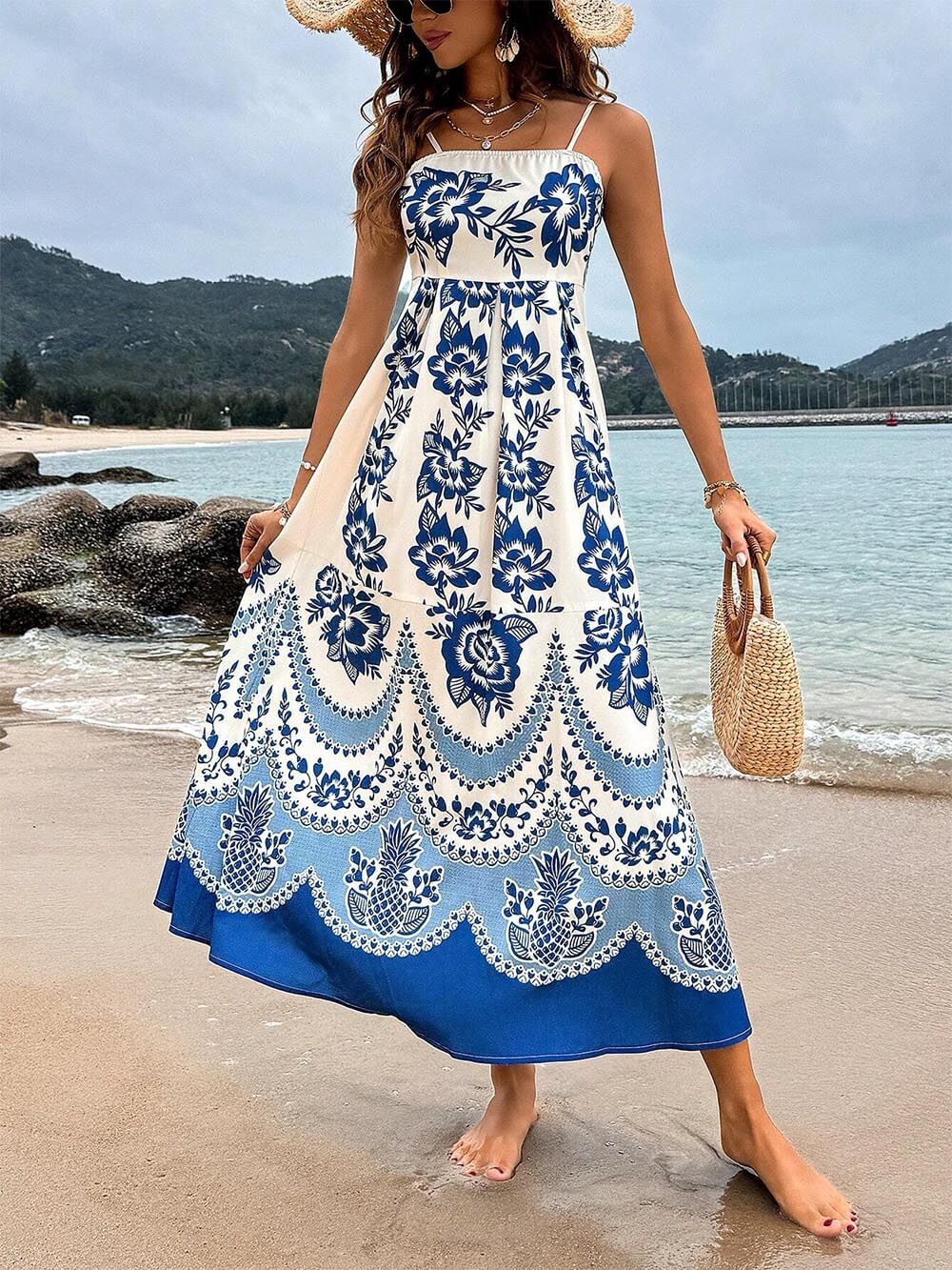 Ethnic Floral Print Back Smocked Loose Midi Dress Olympus London