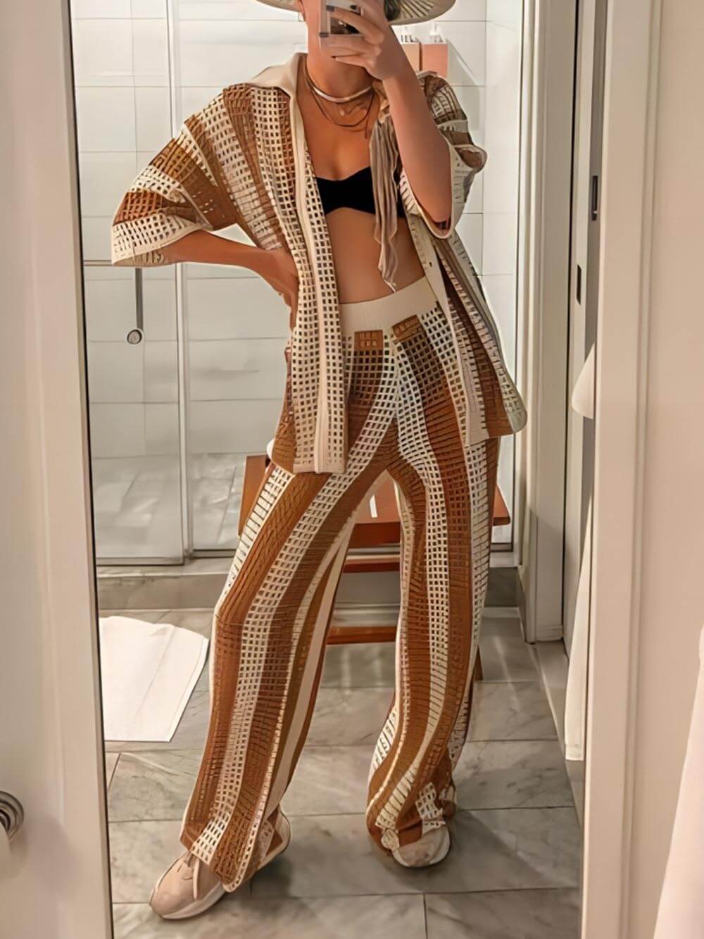 Loose V-Neck Fashion Hollow Out Striped Shirt Wide Leg Pants Set Olympus London