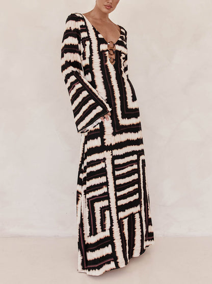 Flattering V-Neckline Unique Printed V Tie Ring Maxi Dress Olympus London
