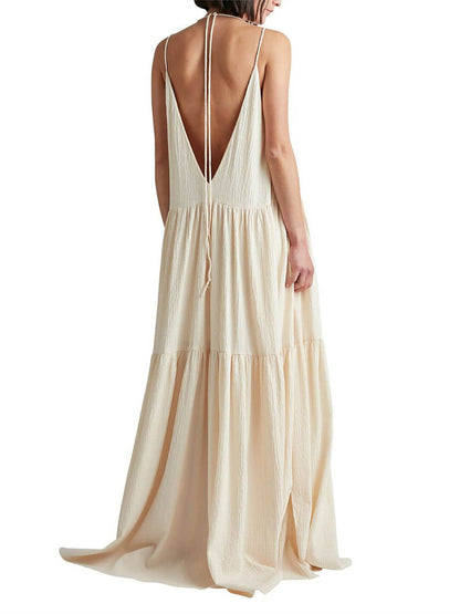 Summer Vacation Deep V-Neckline Strappy Maxi Dress Olympus London